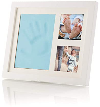 smileBaby Baby Bilderrahmen Set Hand- und Fußabdruck inkl. spezieller Knetmasse, Holzrolle sicherer Acrylglas Aufsteller hellblau