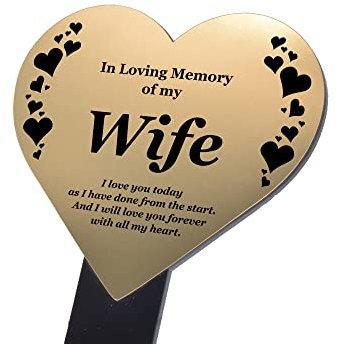 OriginDesigned Wife Memorial Remembrance Plaque Stake, HEART SHAPE - Gold/Silver/Copper, Waterproof, Outdoor, Grave Marker, Tribute, Plant Marker