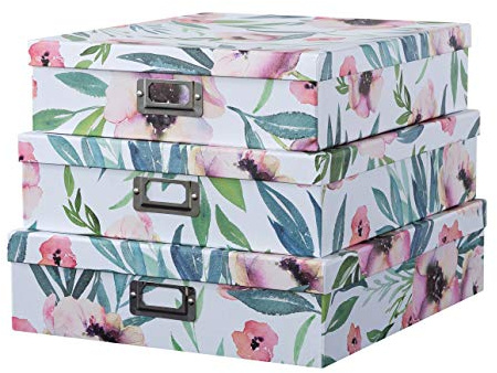 Soul & Lane Decorative Cardboard Storage Boxes With Lids for Home Décor, Set of 3 Floral Photo and Letter Box Set, Nesting Paperboard Storage for Scrapbook Paper, Keepsakes, Memories