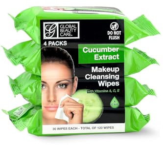 Global Beauty Care Cucumber Makeup Remover Wipes with Vitamins A C E For Cooling Skin Support - Facial Cleansing Towelettes Remove Waterproof Mascara, Oil & Dirt, All Skin Types 120 Count (4-Pack)