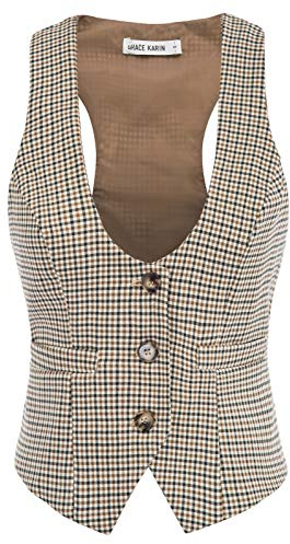 GRACE KARIN Womens Vest Jacket Vintage Sleeveless Dressy Plaid Vest Suit Blazer(L, Brown Plaid)