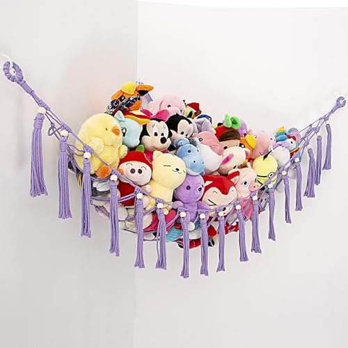 YKBU Stuffed Animals Hammock Corner Hanging Net with Wooden Beads Macrame Stuffed Animal Storage Ideas Plush Holder Toy Organizer for Boho Nursery Playroom Bedroom Kids Room Decor (purple, X-Large)