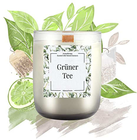 BOHORIA® Vela en tarro de aromaterapia – Mecha de madera crepitante – Contiene aceites naturales – Vela aromática (té verde)
