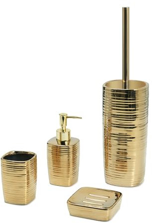 GEDY | Juego de baño de 4 Piezas Kelly Color Oro, dispensador de jabón de 240 ml, escobilla con Cepillo de cerdas, portacepillos de Dientes, jabonera, Accesorios de baño Fabricados en cerámica