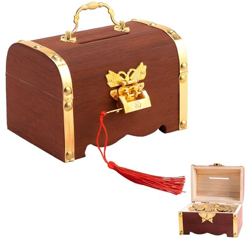 ZIGefofo Scrigno del Tesoro in Legno con Lucchetto Vintage Salvadanaio Legno Bambini Scrigno del Tesoro Pirati Giocattolo per Festa dei Pirati Conservazione Decorazione - 14,5 x 10 x 10 cm