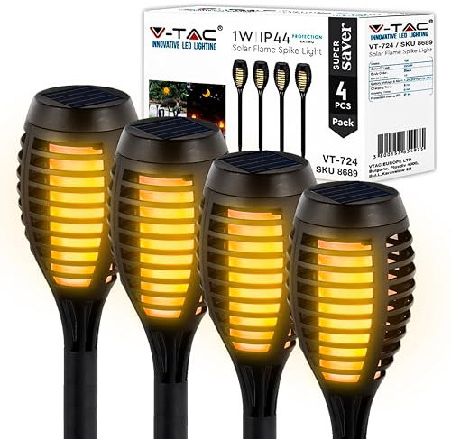 V-TAC Lampade Solari da Giardino - Torce LED con Pannello Solare - 4 Unità - Torcia LED con Effetto Fiamma Giardino, Cortile, Vialetto, Prato dio Casa - Con Interruttore ON-OFF - Luce 2200K