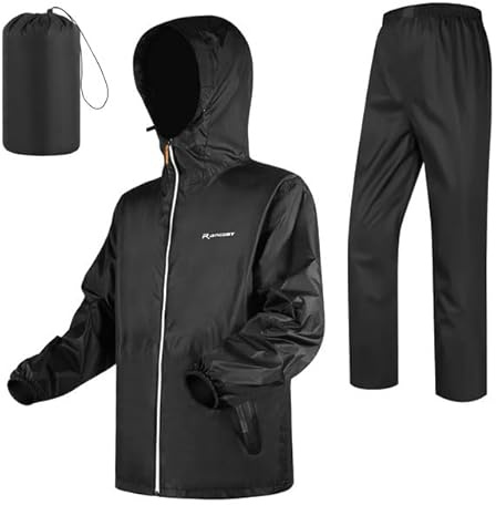 LAMA Tuta Antipioggia per Uomo e Donna, Giacca Antipioggia Impermeabile e Pantaloni Antipioggia, Set Completo Antipioggia Pesante con Cappuccio e Custodia, Antivento, Leggero, Traspirante, Nero XL