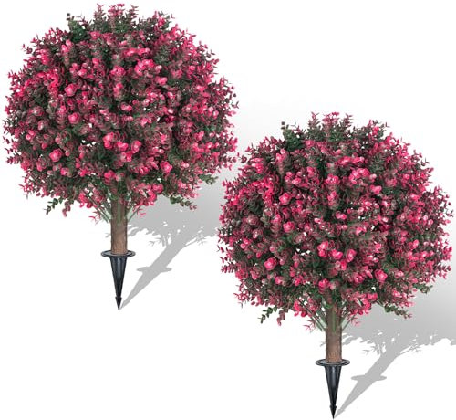 AOKIIE Set of 2 Artificial Rose Boxwood Topiary Ball Bush for Outdoor with Ground Spike 22, UV Resistant Faux Greenery Shrubs, Fake Rose&Green Boxwood Plants for Garden, Yard, Porch, Patio Decor