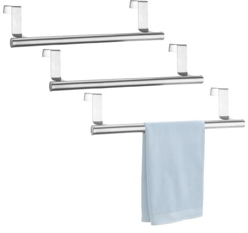 RETON 3 portasciugamani sopra la porta, porta strofinacci in acciaio inox, 23 cm, portasciugamani da cucina con cuscinetti antiscivolo, senza fori (argentato)
