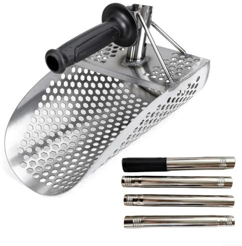 Getdoublerich Cuchara de acero inoxidable, pala de arena de acero inoxidable de 3 o 4 secciones con mango largo, tamizado eficiente de arena para detección de metales de playa (4 secciones)