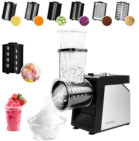 RISESOL 7 en 1 Cortador de Verduras Eléctrico Picadora de Hielo Rallador de Queso Acero Inoxidable con 7 Cuchillas 250W Mandolina Rebanadora de Cocina Multifuncional 220V Enchufe UE