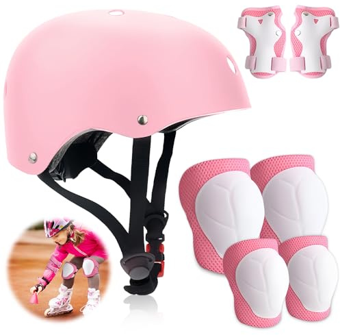 WDKXCN Casco Bicicleta Niño, 7 Piezas Casco Bici Niña Ajustable con Rodilleras Coderas y Muñequeras, Rodilleras Patines Niña, para Patinaje Sobre Ruedas Bicicletas de Equilibrio Bicicletas y Patinetas