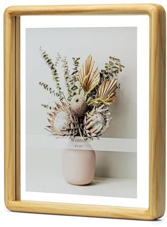 Wontree 8x10 Floating Picture Frame, Solid Pine Wood with Double Sided Real Glass, Fits 8x10 Photos or Display Any Size Photo up to 10x12, Wall Hanging or Tabletop Free-Standing, Nature