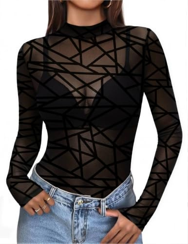 Zeagoo Nättopp damer, sexig långärmad skjorta, transparent nättopp | Långärmad t-shirt dam ståkrage | Transparent topp dam | Sheer Top Slim | Festival/fest/rave outfit dam | XS-XXL