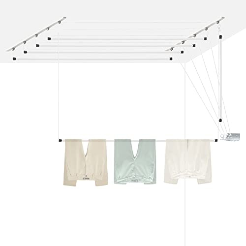 Stendibiancheria da Soffitto Ceiline Manuale 160x50cm. Capacità di Carico 20KG. Costruito Per Durare Decenni. Si Alza e si Abbassa con Pulegge e Barre Larghe in Acciaio.Per Stendere Vestiti e lenzuola