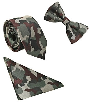 WANYING Hombre Pajarita Corbata Pañuelo de Bolsillo 3 en 1 Set - Pajarita Clásica 6 * 12 cm & Corbata Estrecha 6 cm & Pañuelo Paisley Verde Camuflaje