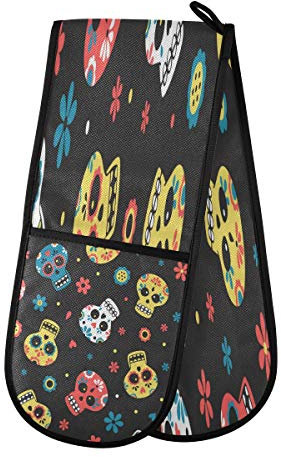 AUUXVA BIGJOKE Gant de four double matelassé en coton Motif crânes mexicains Imprimé Chatons Chatons Gants de four Résistant à la chaleur pour griller, cuisiner les barbecues et poêles