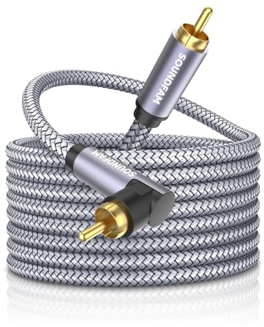 SOUNDFAM 90 Degree Subwoofer Cable 20ft/6M,Right Angle RCA Cable Male to Male for Subwoofer，Amplifier-Grey