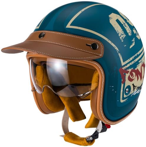 3/4 Vintage Jethelm Open Face Motorradhelm mit Visier ECE/DOT Zulassung Roller Scooter Helm Moped Mofa-Helm Chopper Retro Biker Helmet für Erwachsene Herren Damen A,XL=61-62CM