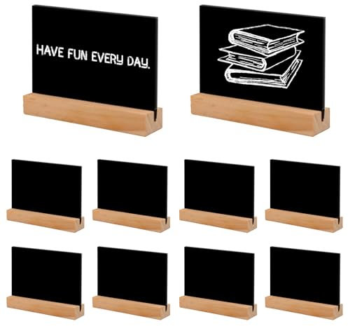 Vueinrg 10 Pezzi Lavagnette Cancellabili,Lavagnette per Buffet 10 x 7.5cm Mini Lavagnette Segnaposto con Base in Legno per Buffet/Matrimoni/Feste/Ristoranti/Numero di Tavolo/Cartellini Prezzi