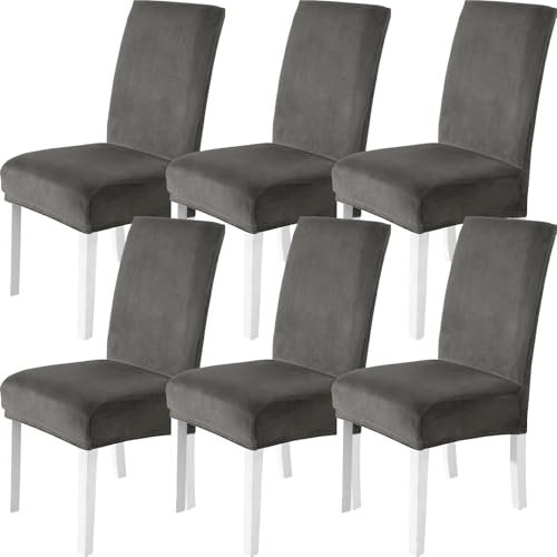 CYCMACO Stuhlhussen Samt 6er Set, Stretch Stuhlüberzieher, Stuhlbezug Schwingstuhl, Hussen Für Stühle Hochlehner, Stuhlbezüge Kratzfest, Universal Chair Cover Waschbarer, Grau