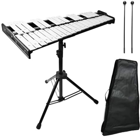 Julymoda 32 Note Glockenspiel Xylophone Bell Kit, Percussion Instruments for Music Teaching with Adjustable Stand, Mallets and Carrying Bag, Professional Xylophone Bell for Adults & Students(black)