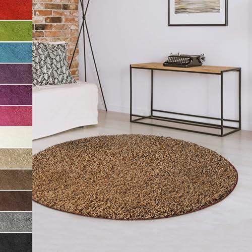 casa pura Teppich rund 100cm Durchmesser, hellbraun weicher & Flauschiger Shaggy Hochflor Wohnteppich für Wohnzimmer, Schlafzimmer, Flur, Kinderzimmer Teppich Flur mit Anti-Rutsch Unterseite Barcelona