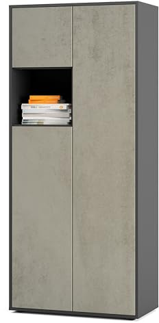 SIMPLYFURN Armadio Ufficio Amira T10, armadio con piccolo vano aperto, Antracite e Cemento ossidato, Push-to-Open, 180x80x40 cm, armadio per documenti con ripiano per decorazioni.