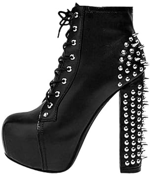 blingqueen Bottines Femme avec Talon Bloc Style Punk Bottes à Lacets, Noir en polyuréthane., 45 EU