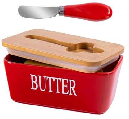 Red Butter Dish with Lid for Countertop, Large Ceramic Covered Butter Stick Holder Container for Fridge