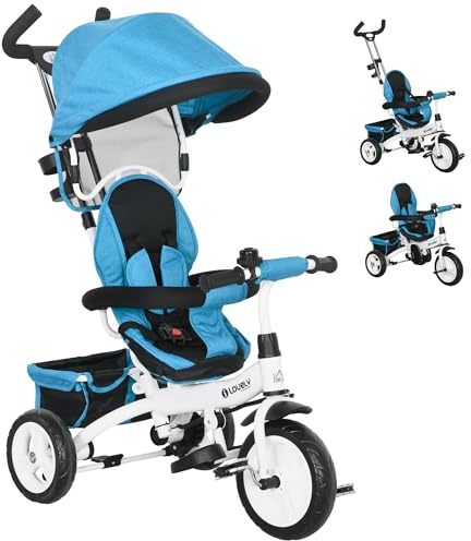 HOMCOM Tricycle bébé évolutif 6 en 1 vélo Poussette avec poignée de poussée, auvent Amovible, Ceinture de sécurité à 5 Points, Rangement, Repose-Pieds, Frein, pour Enfants de 1 à 5 Ans, Bleu