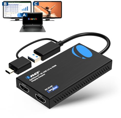 OREI SplitExtend 4K HDMI Splitter Extended Display for Dual Monitor - Multi-Monitor Display 3 Separate Screens - USB A & USB-C Adapter to HDMI 2.0, 4K@60hz, DisplayLink Driver MacOS, Windows
