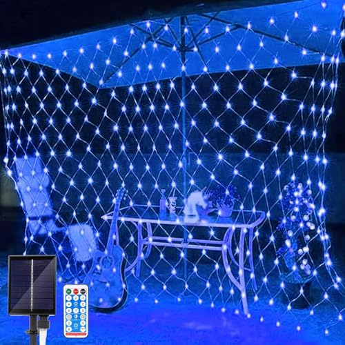 SIOOUI Red de luces solares para exteriores, 3 m x 2 m, 192 LED, luces de red alimentadas por energía solar con control remoto, 8 modos, cadena de luz de malla impermeable para jardín, balcón, valla
