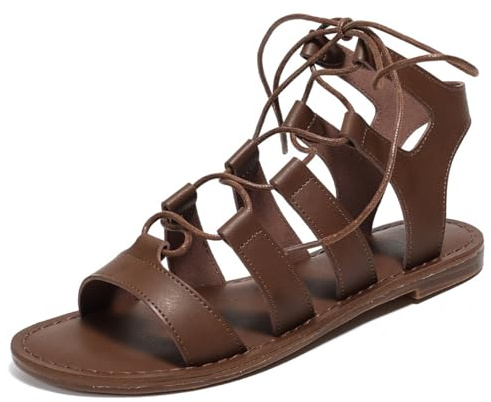 BININBOX Sandalias Mujer Verano Planas Romanas Zapatos Gladiador atadas al tobillos puntera abierta Bohemio (Color de café, Adulto, 38, Números, Sistema tallas calzado EU, mediano)