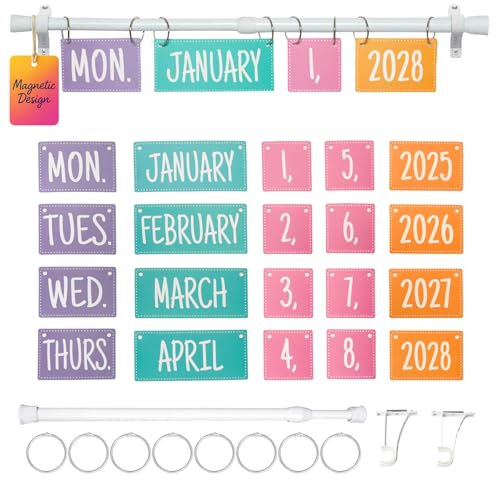 Magnetic Flip Calendar for Classroom – Rainbow Classroom Calendar Set with Adjustable Holder & 54 Date Cards, Teacher Classroom Decorations, Bulletin Board Set for Elementary Decor