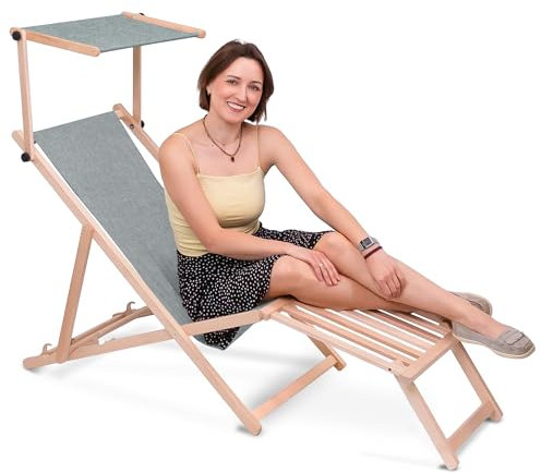 DreamRoots Sonnenliege klappbar mit Dach aus Holz - Liegestuhl mit Sonnenschutz & Fußstütze aus Holz bis 130 kg, Leinenstruktur Oxford-Polyester 220g/m², 3-Fach verstellbarr - Light Grey