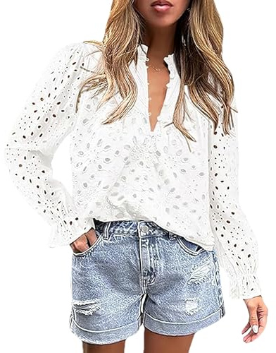 amropi Femme Chemise Dentelle Brodé Chemisier Col V Bouffant Manches Longues Blouse Bouton Été Hauts