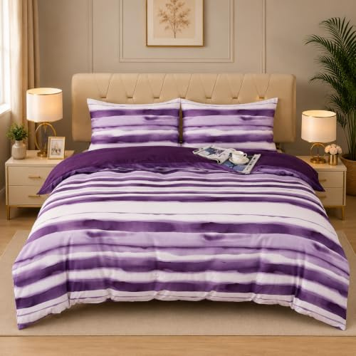 Textile Home Home Décor Purple Stripe King Size Bedding Set 4 Piece - Breathable Soft Touch Complete Bedding
