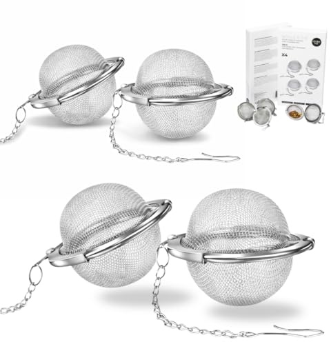 Infusor de bola de té | Bolas de té de acero inoxidable 4,5 cm | Reutilizable y fácil de limpiar | Ideal para teteras, tazas y tazas (Set de 4 | Plateado)