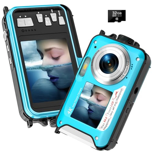 Digitalkamera, Yixinxin 4K Unterwasserkamera, 64MP Autofokus 16FT Digitalkamera wasserdichte mit 32GB Karte, Dual-Screen Selfie 1250mAh Batterie, 16X schwimmfähig Digital für Schnorcheln