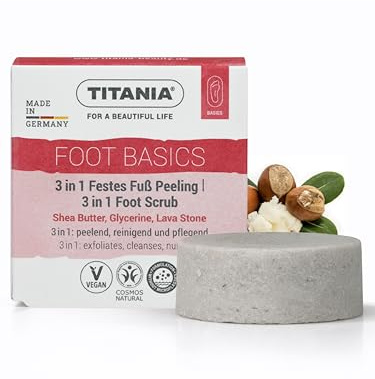 TITANIA 3-i-1 fotpeeling-block, fast fotpeeling med sheasmör, glycerin och pimpsten, Cosmos natural, vegan, tillverkad i Tyskland