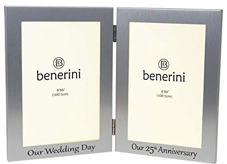 benerini 25th Silver Wedding Anniversary Double Photo Frame - 'Our Wedding Day' & 'Our 25th Anniversary' - 4x6 inches