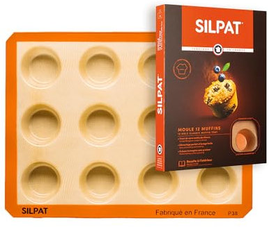 Silpat Moule 12 Muffins – Cuisson Parfaite, Démoulage Facile – Moule Silicone Antiadhésif – Résistant, Réutilisable – Idéal Pâtisserie, Recettes Salées – Qualité Professionnelle, Format Pratique