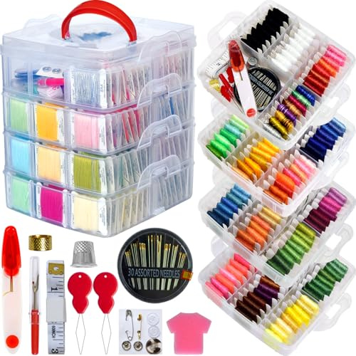 268 hilos de bordado que incluye hilos de punto de cruz, pulsera de la amistad, cuerda con caja transparente de 4 niveles, bobinas de hilo y kits de punto de cruz