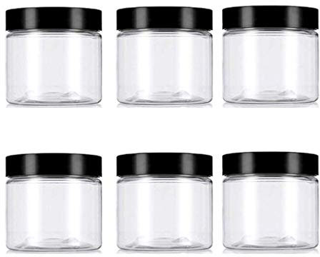 VASANA Lot de 6 récipients vides en plastique transparent avec couvercles noirs pour crème, lotions, pommades et produits cosmétiques - Bouteilles alimentaires pour gommages, lotions, cosmétiques et