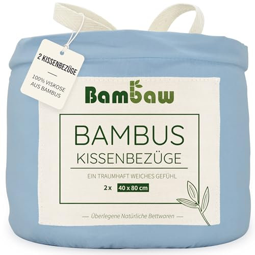 Bambaw Kopfkissenbezug 80x40 aus Bambus, 2-er Pack, 100% nachhaltige Bambusfasern, Allergie Bettwäsche, atmungsaktive Bettwäsche Anti Schwitzen, Anti Haarbruch Kissenbezug 40 x 80 kühlend (Hellblau)