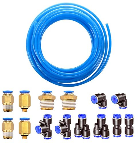 HUAZIZ 10M PU Pneumatikschlauch Pneumatic Polyurethane Schlauch Flexibel Druckluftschlauch Außen 6mm x Innen 4mm Blau, mit 8 Stück 4mm Pneumatikverbinder Air Push-Schnellkupplungen (Y/T/L/I förmig)