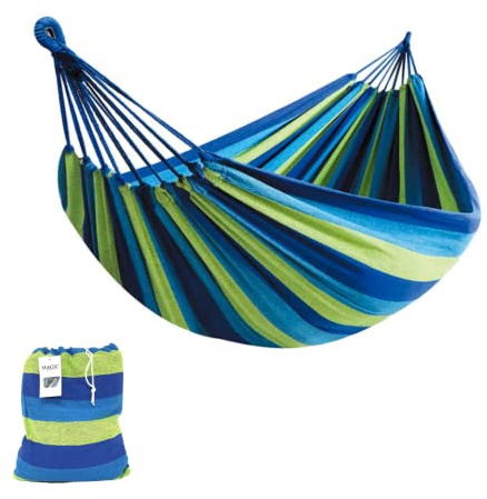 Hängmatta i bomull för trädgård, terrasser, resor, camping. Hängmatta för 2 personer utomhus med bärväska ingår. (Vikt upp till 150 kg - Mått 150 x 180 cm)