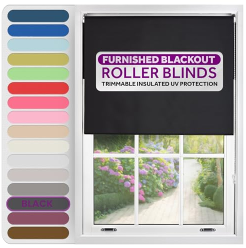 FURNISHED Roller Blinds Window Blackout, Black, 225cm Wide x 210cm Long | Thermal 100% blackout trimmable insulated UV protection child safe easy fit home office window blinds