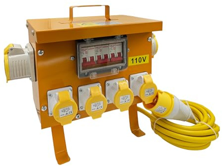 CONNEXION 4-Way Splitter Box, 110V Power Distribution Junction Box, 4 Outlets IP44 rated 16 Amp panel sockets and plug with 2.5mm 5 Metres Cable for Worksites (6-Way 2x32A 4x16A 32A Plug 4mm 5m)